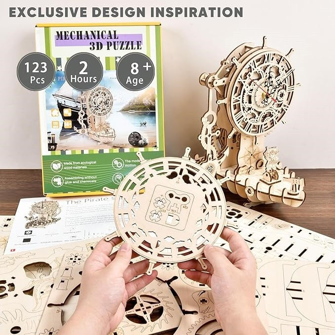 Pirate Ship Clock 3D Wooden Puzzle DIY Mechanical Pendulum Educational Toy