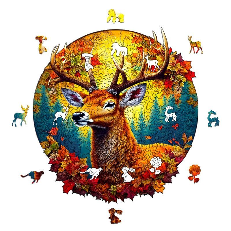 Red Maple Elk Wooden Jigsaw Puzzle – Unique Animal Shaped Puzzle Gift for Adults & Kids