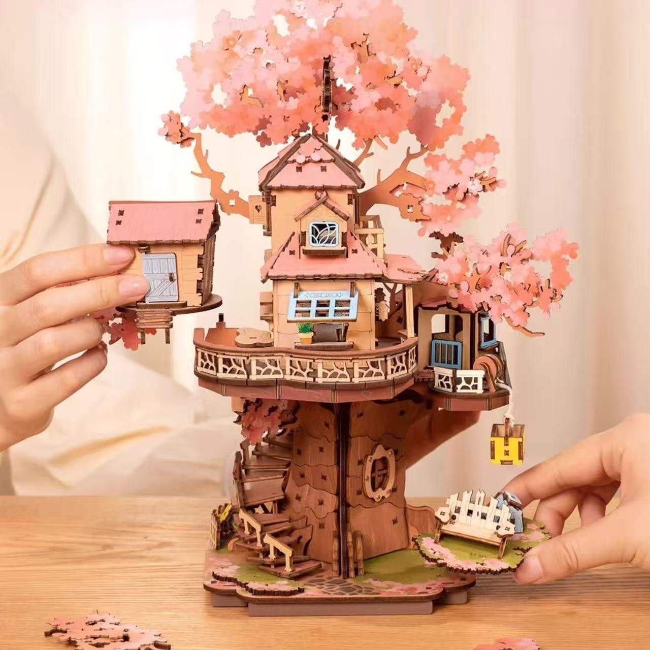 Sakura Tree House 3D Wooden Puzzle DIY Two Story Mechanical Model Gift