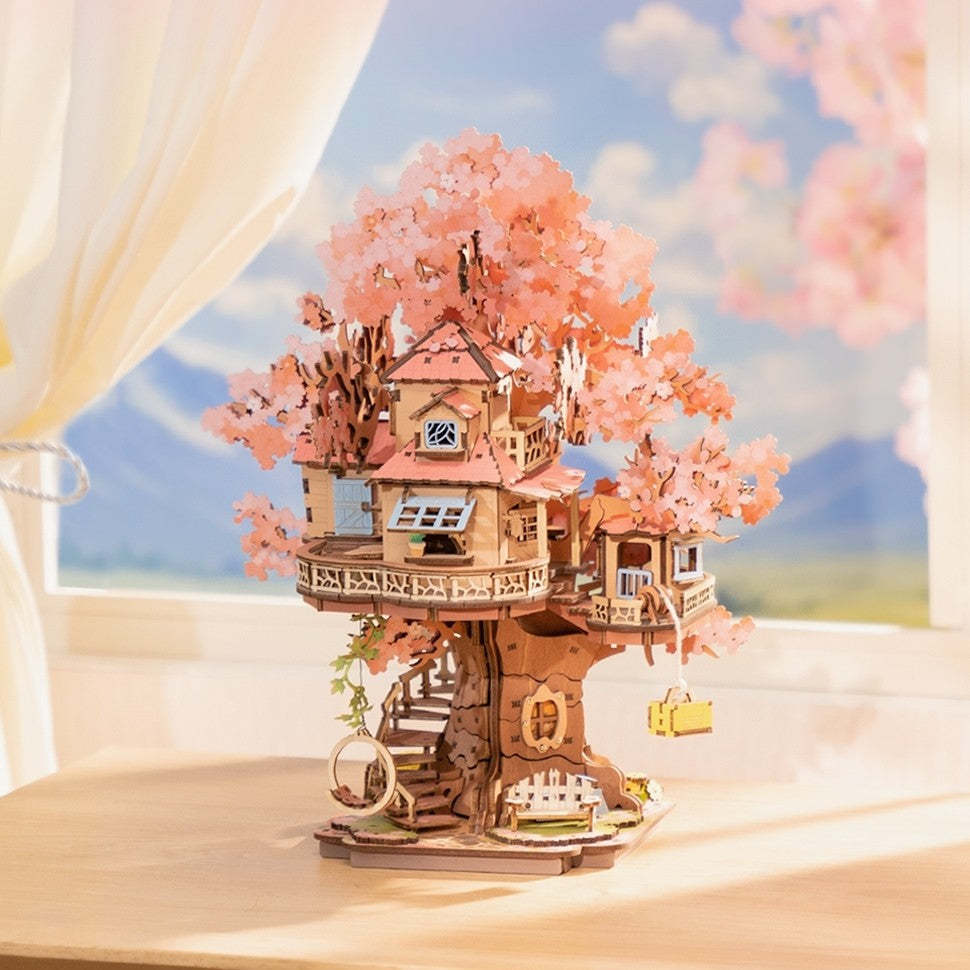 Sakura Tree House 3D Wooden Puzzle DIY Two Story Mechanical Model Gift