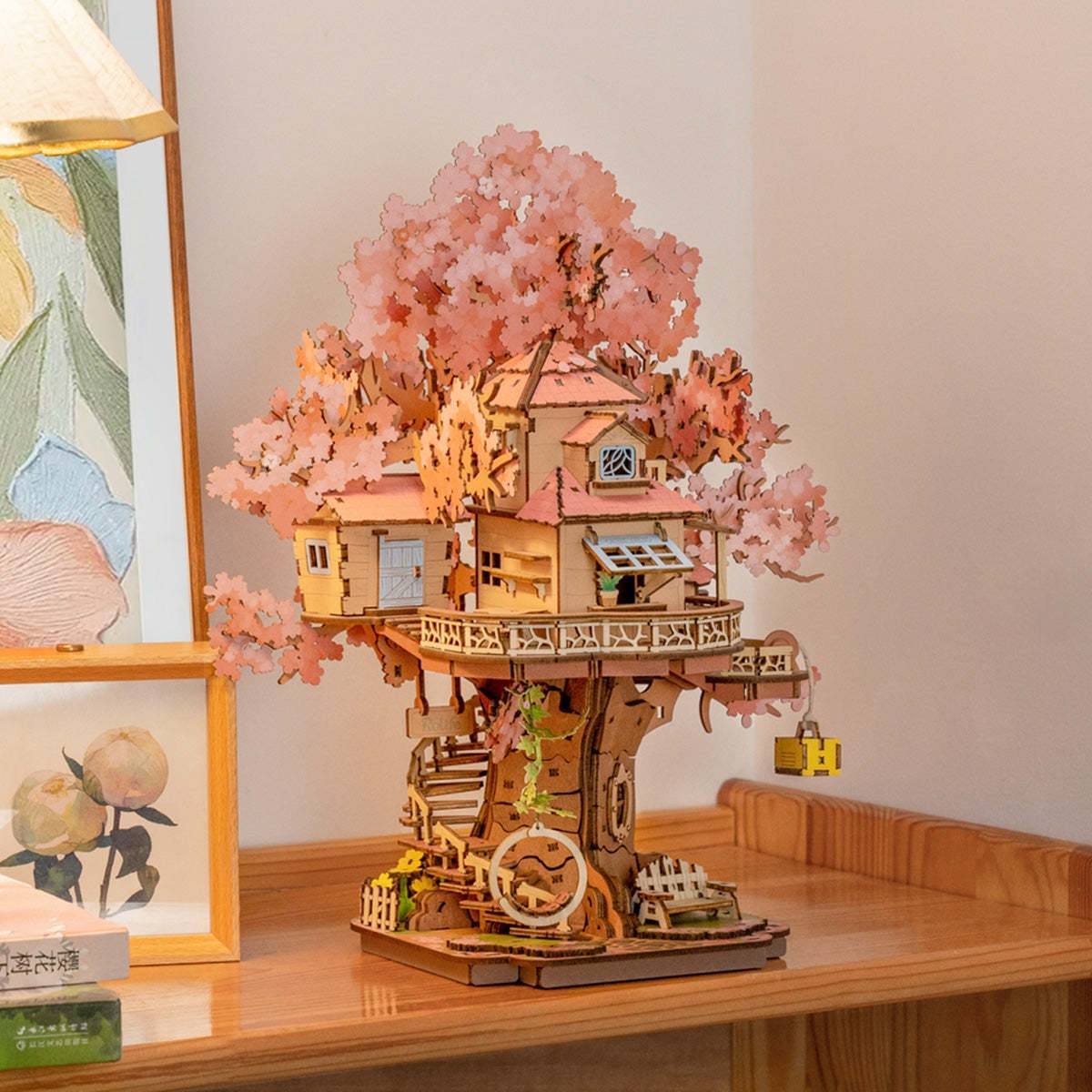 Sakura Tree House 3D Wooden Puzzle DIY Two Story Mechanical Model Gift
