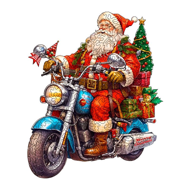 Santa on Motorcycle Wooden Jigsaw Puzzle – Christmas Holiday Gift for Adults & Kids