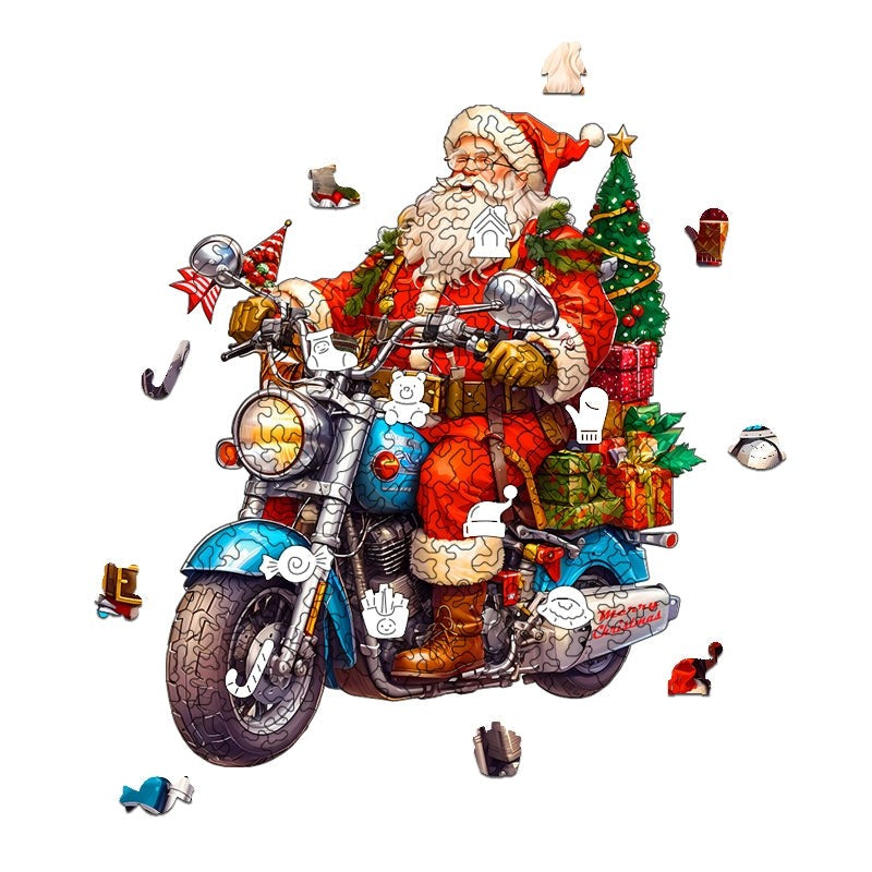 Santa on Motorcycle Wooden Jigsaw Puzzle – Christmas Holiday Gift for Adults & Kids