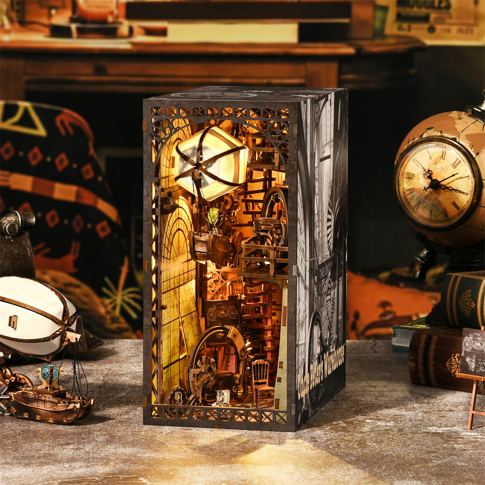 Uncle Peter's Steampunk Workshop DIY Book Nook Kit – Miniature Steampunk Bookshelf Scene & Collector’s DIY Kit