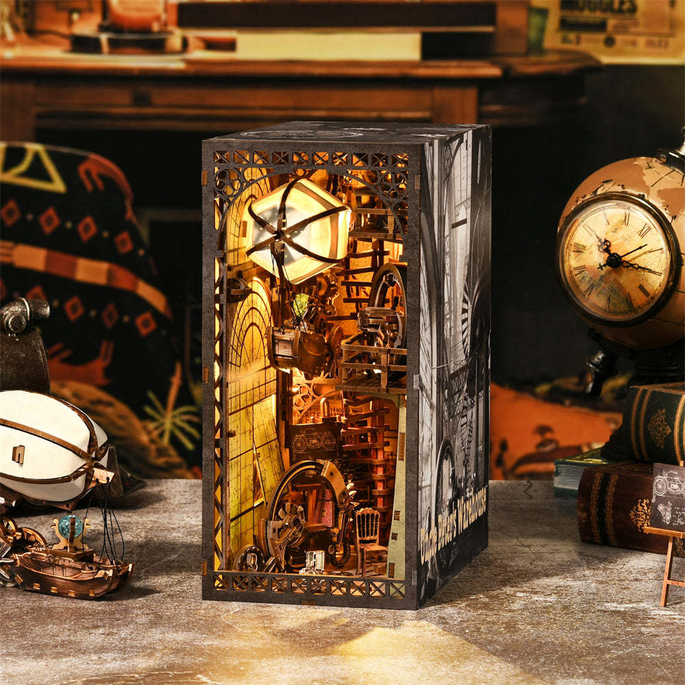 Uncle Peter's Steampunk Workshop DIY Book Nook Kit – Miniature Steampunk Bookshelf Scene & Collector’s DIY Kit