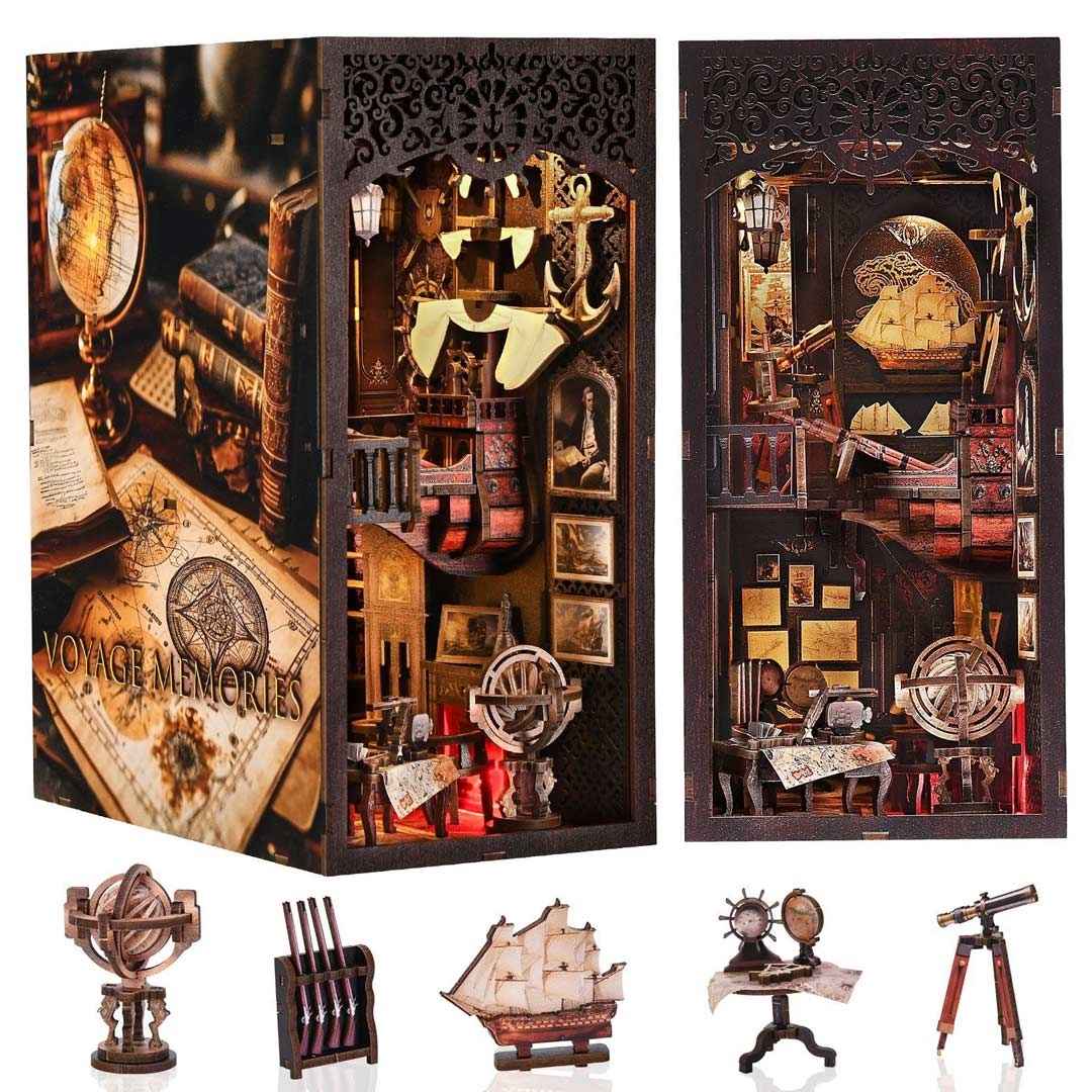 Voyage Memories DIY Book Nook Kit – Travel Inspired Miniature Bookshelf Scene