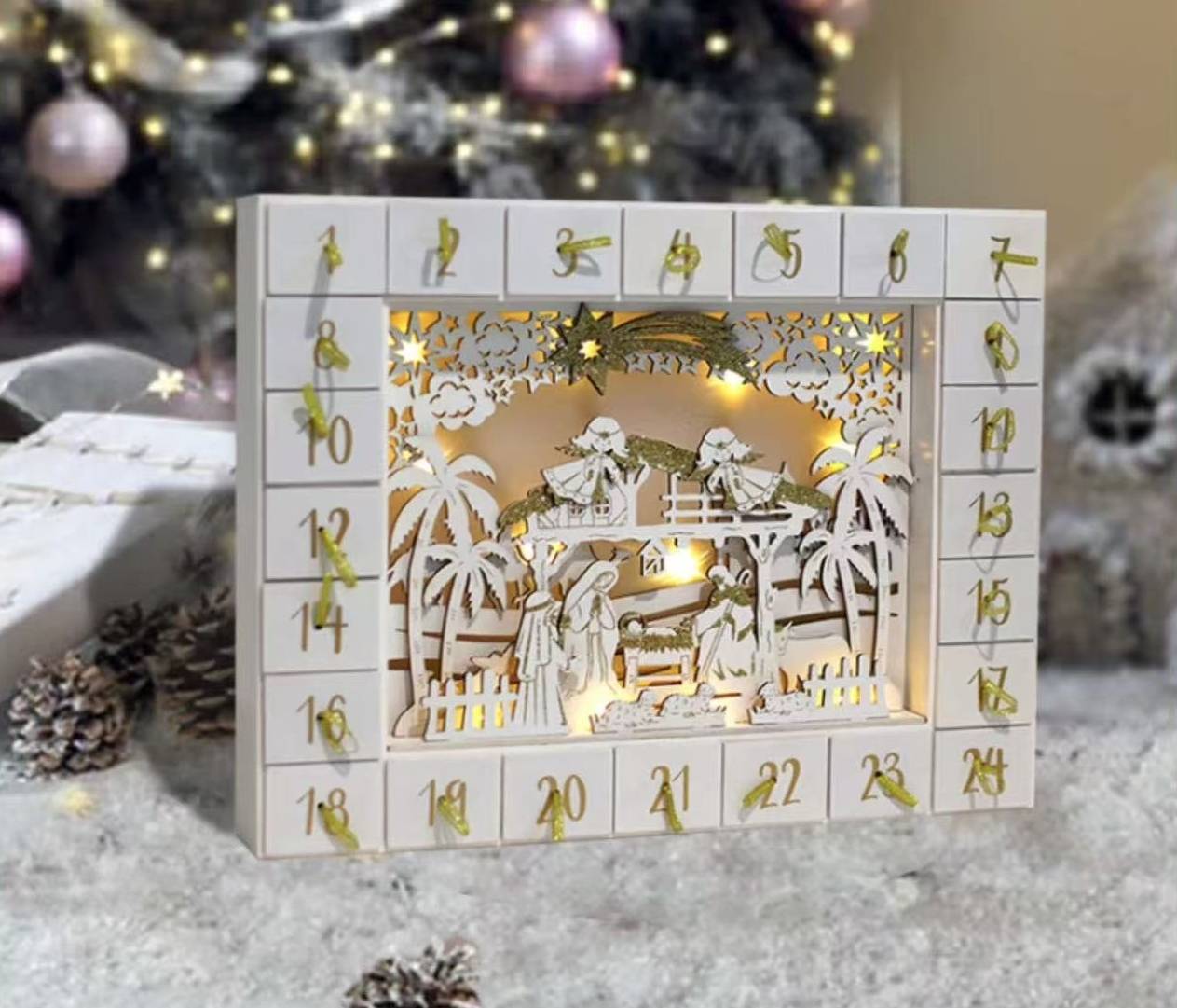 Wooden Nativity Advent Calendar – 24 Days Christmas Countdown Decoration & Gift