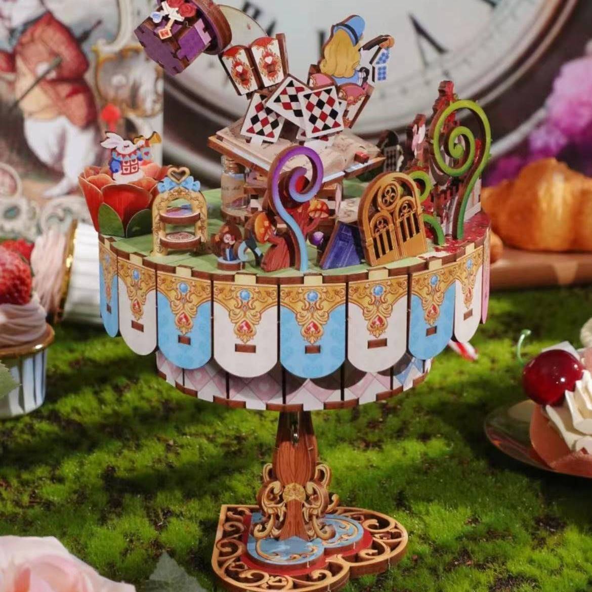 Alice Wonderland 3D Wooden Puzzle Music Box DIY Tea Party Scene Gift