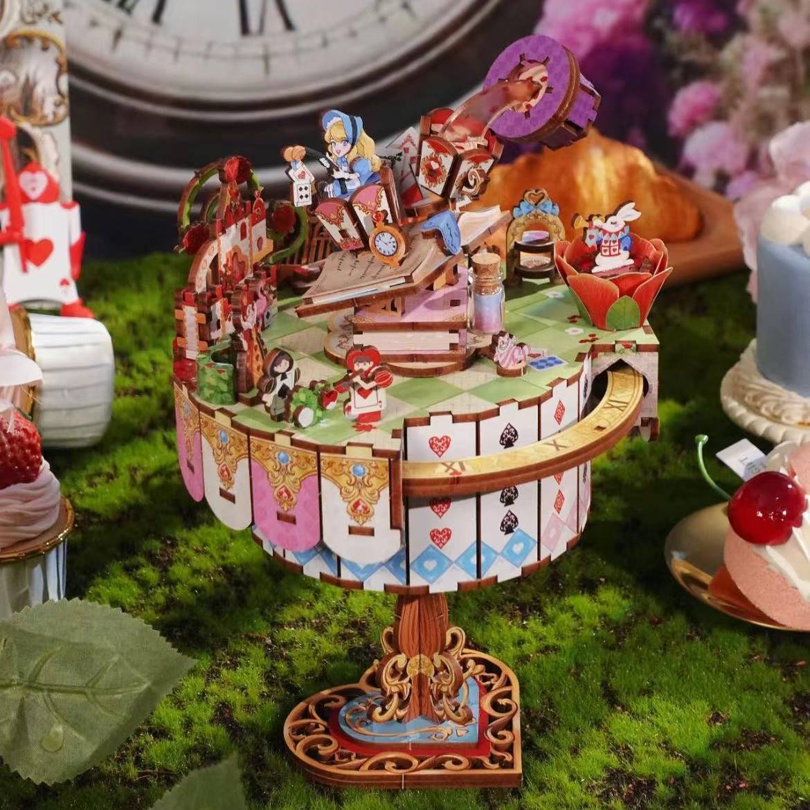 Alice Wonderland 3D Wooden Puzzle Music Box DIY Tea Party Scene Gift