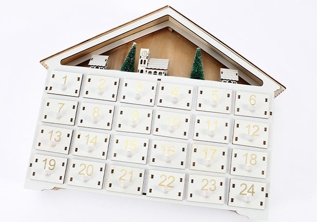 White Christmas House Pre-lit Advent Calendar with Drawers – 24 Days Holiday Countdown & Gift