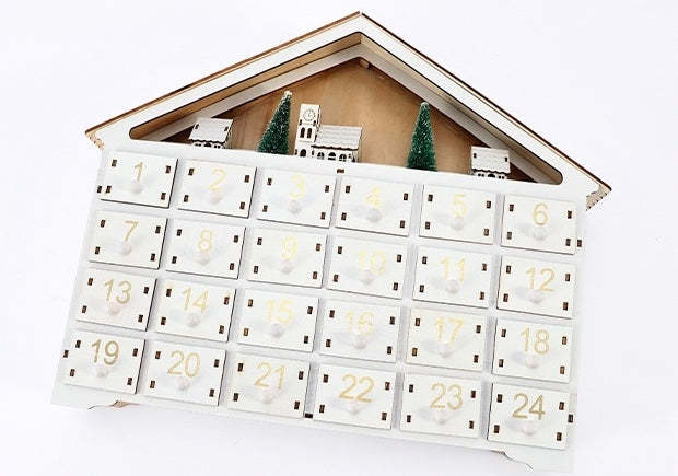White Christmas House Pre-lit Advent Calendar with Drawers – 24 Days Holiday Countdown & Gift