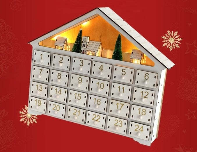 White Christmas House Pre-lit Advent Calendar with Drawers – 24 Days Holiday Countdown & Gift