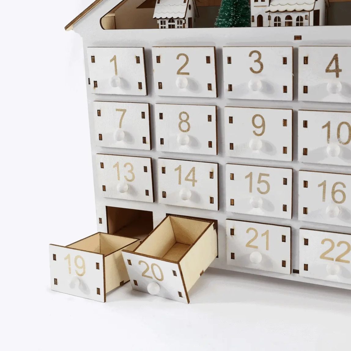 White Christmas House Pre-lit Advent Calendar with Drawers – 24 Days Holiday Countdown & Gift