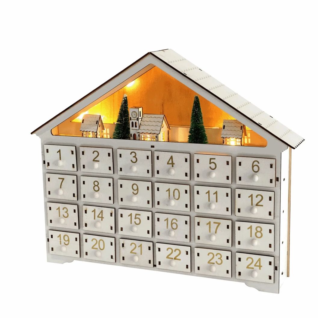 White Christmas House Pre-lit Advent Calendar with Drawers – 24 Days Holiday Countdown & Gift