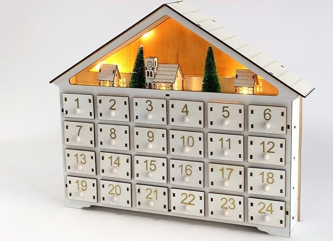 White Christmas House Pre-lit Advent Calendar with Drawers – 24 Days Holiday Countdown & Gift