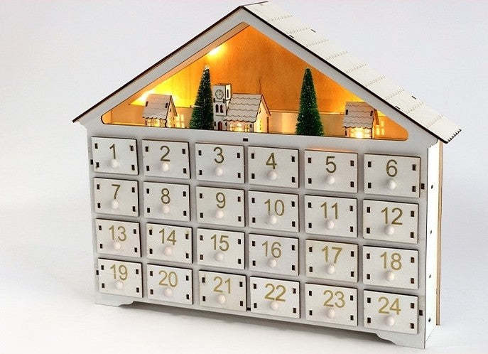 White Christmas House Pre-lit Advent Calendar with Drawers – 24 Days Holiday Countdown & Gift