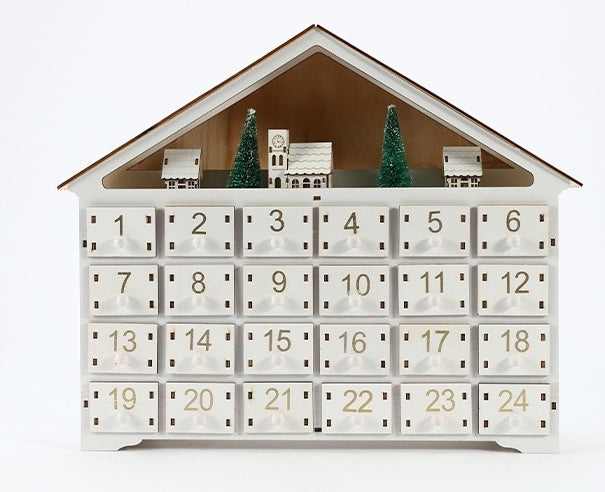 White Christmas House Pre-lit Advent Calendar with Drawers – 24 Days Holiday Countdown & Gift