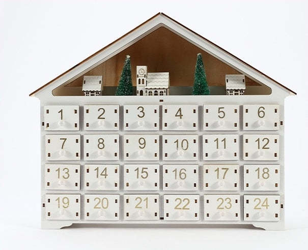 White Christmas House Pre-lit Advent Calendar with Drawers – 24 Days Holiday Countdown & Gift