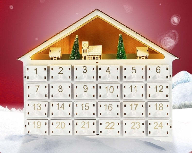White Christmas House Pre-lit Advent Calendar with Drawers – 24 Days Holiday Countdown & Gift