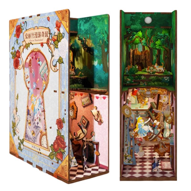 Alice in Wonderland 3D Wooden DIY Book Nook Kit – Fantasy Miniature Bookshelf Insert