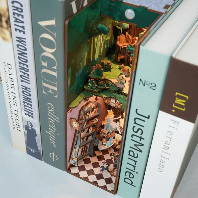 Alice in Wonderland 3D Wooden DIY Book Nook Kit – Fantasy Miniature Bookshelf Insert