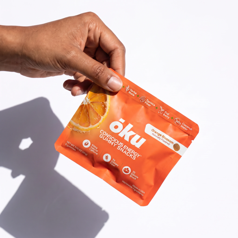 ōku Orange Blossom Conscious Energy Gummy Snacks - Clean Caffeine + Fiber - Pack of 8