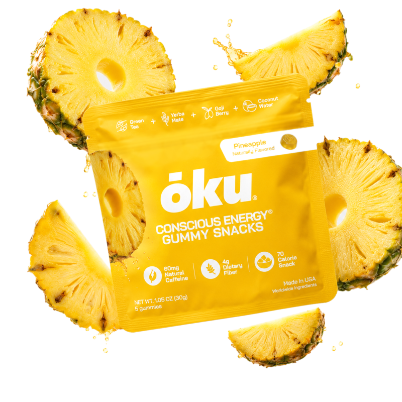 ōku Pineapple Conscious Energy Gummy Snacks - Clean Caffeine + Fiber - Pack of 8