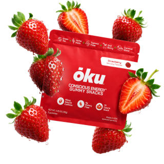 ōku Strawberry Conscious Energy Gummy Snacks - Clean Caffeine + Fiber - Pack of 8
