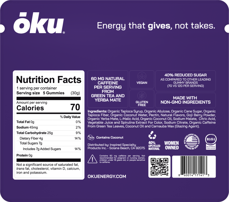 ōku Grape Conscious Energy Gummy Snacks - Clean Caffeine + Fiber - Pack of 8