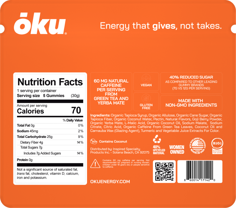 ōku Orange Blossom Conscious Energy Gummy Snacks - Clean Caffeine + Fiber - Pack of 8