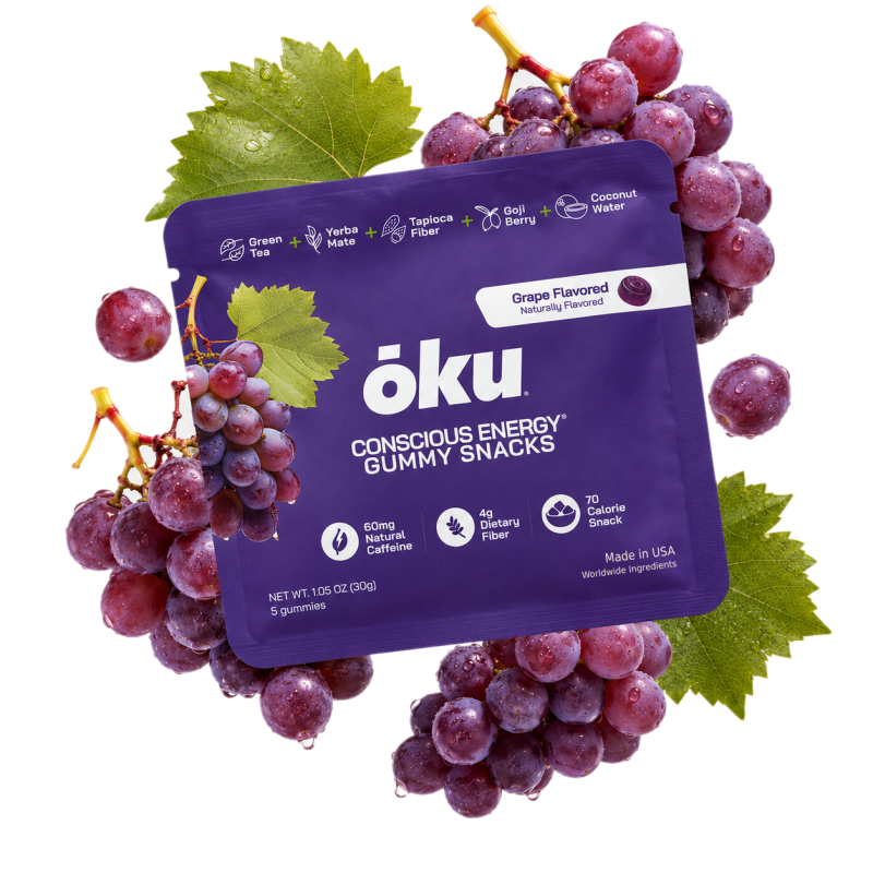 ōku Grape Conscious Energy Gummy Snacks - Clean Caffeine + Fiber - Pack of 8
