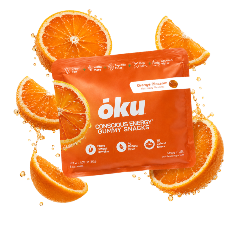 ōku Orange Blossom Conscious Energy Gummy Snacks - Clean Caffeine + Fiber - Pack of 8