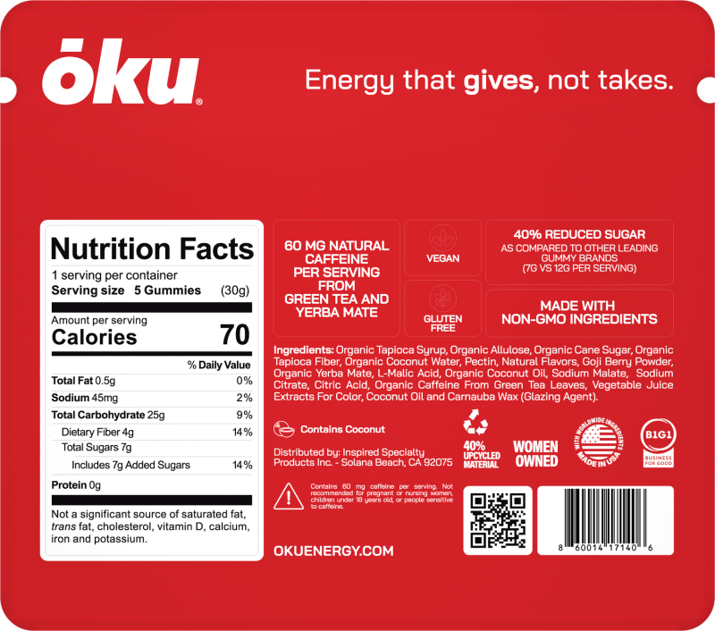 ōku Strawberry Conscious Energy Gummy Snacks - Clean Caffeine + Fiber - Pack of 8
