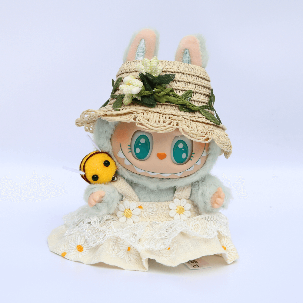 Garden Bee Dress 3-Piece Set – Floral Dress, Straw Hat & Cute Bee Pin Labubu Fashion Dress-Boobulo