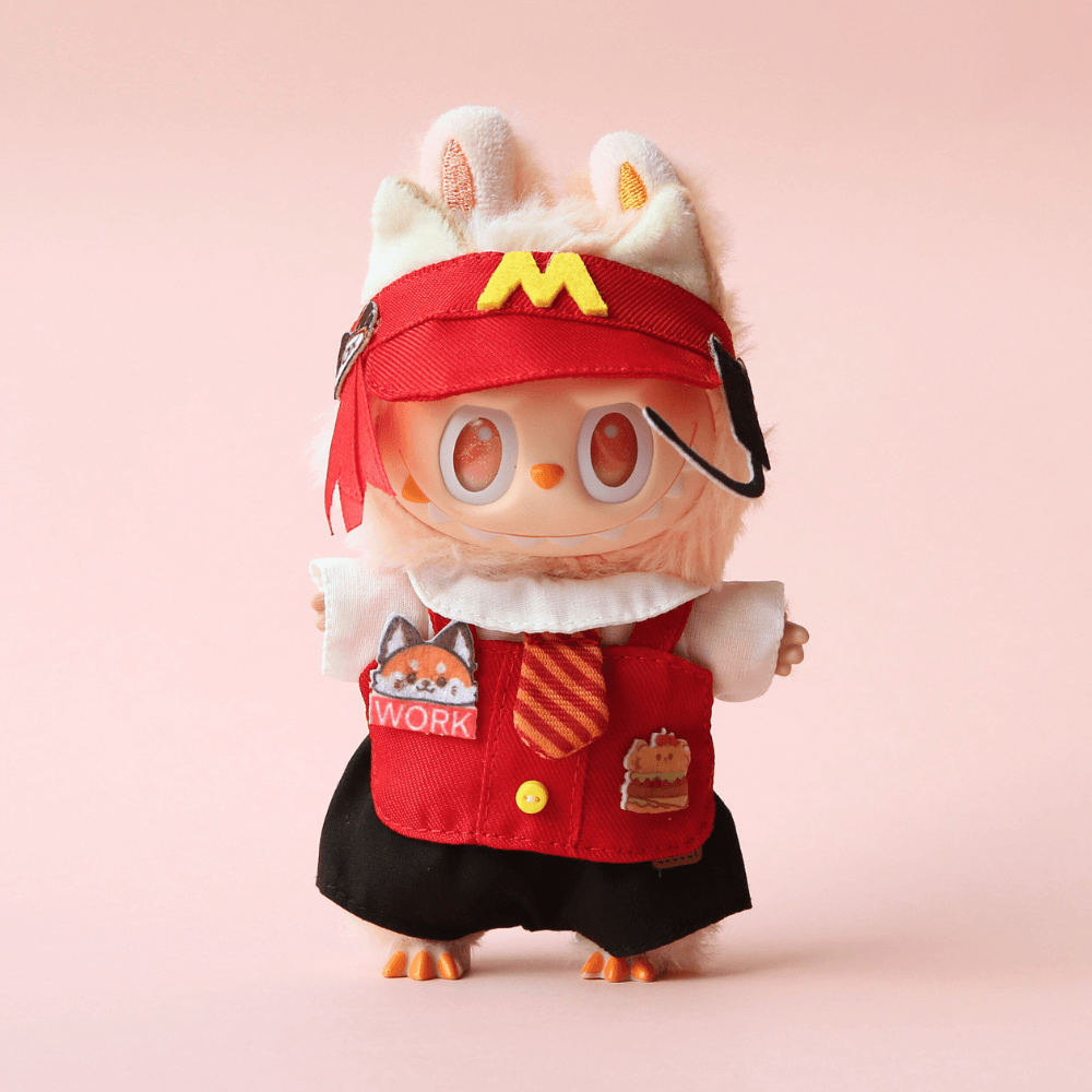 Fast Food Crew Set – 5-Piece Outfit with Hat, Shirt, Apron, Pants & Tie for Labubu-Boobulo