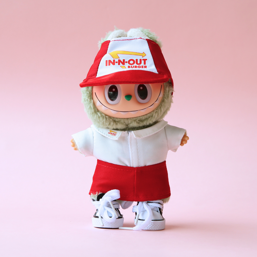 Boobulo™ In-N-Out  Uniform 4-Piece Apron Outfit with Hat & Top for Labubu 