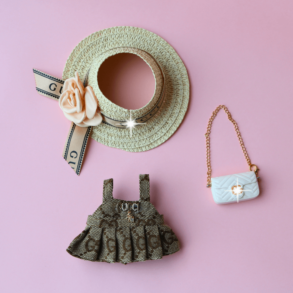 G-Style Vintage Look Dress, Hat & C-Bag 3-Piece Set - Labubu Fashion Clothes (Bag Included)