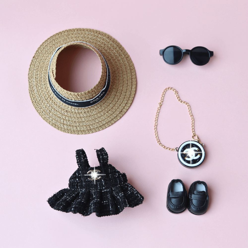 Coco Chanel Dress, Hat & Bag 3-Piece Set - Labubu Clothes (Bag Included)
