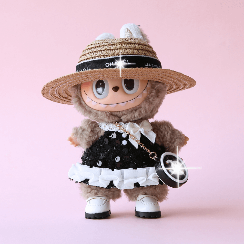 Elegant straw hat suit (4-piece) for Labubu
