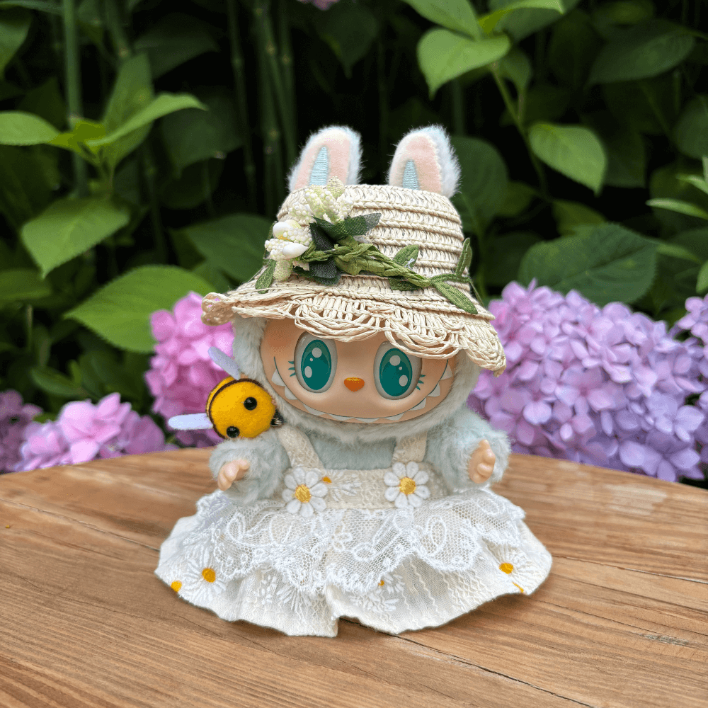 Garden Bee Dress 3-Piece Set – Floral Dress, Straw Hat & Cute Bee Pin Labubu Fashion Dress-Boobulo