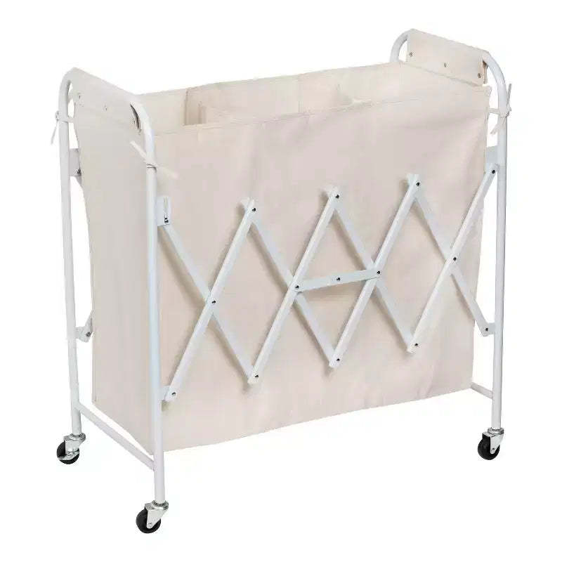 Honey-Can-Do Accordion Triple Sorter: White Steel Rolling Laundry Hamper with Wheels, Collapsible, Open-Top Design