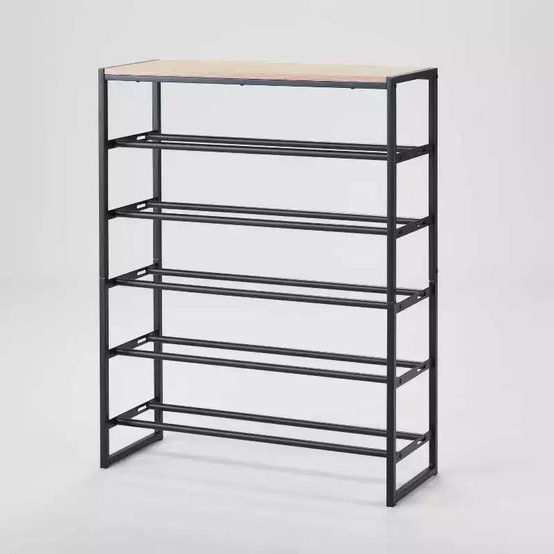 5 Tier Shoe Rack Black Metal with Natural Wood - Brightroom™