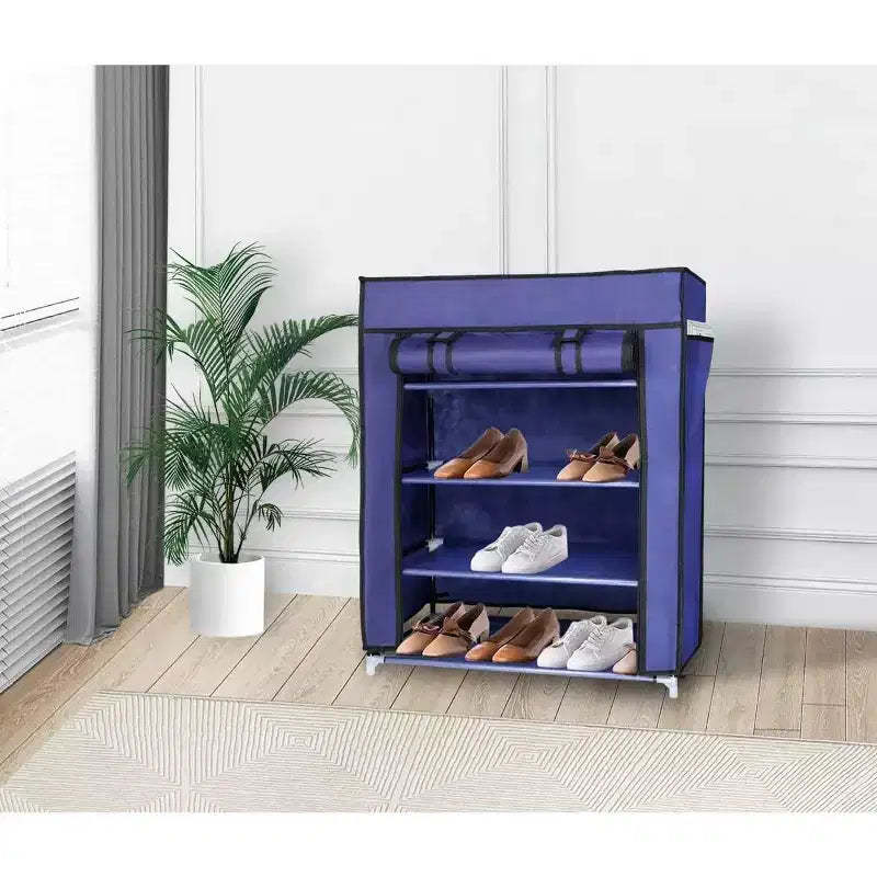 J&V TEXTILES 4 Tier Shoe Rack with Side Pocket Holds 24 Shoes Navy