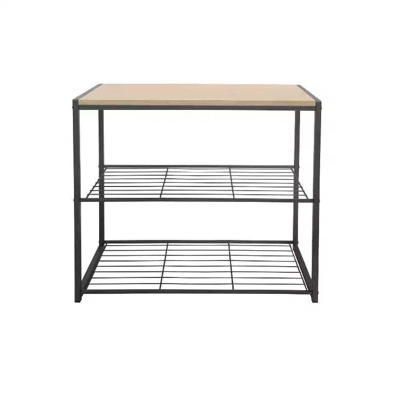 3 Tier Shoe Rack Black Metal with Natural Wood - Brightroom™
