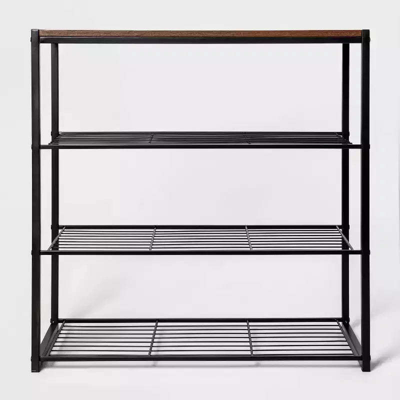 4 Tier Shoe Rack Black Metal with Walnut Wood - Brightroom™