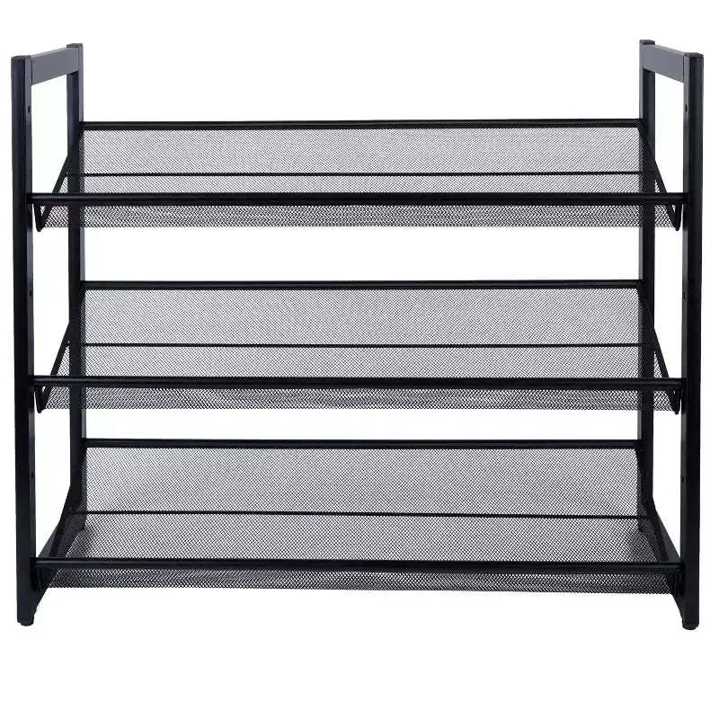 Organize It All 3 Tier Shoe Rack Organizer with Mesh Black: Iron Frame, Holds 12 Pairs, Freestanding, 29" W x 24.4" D x 12" H