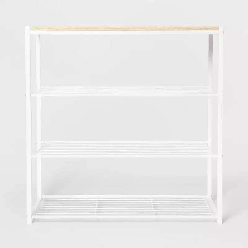 4 Tier Shoe Rack White Metal with Natural Wood - Brightroom™