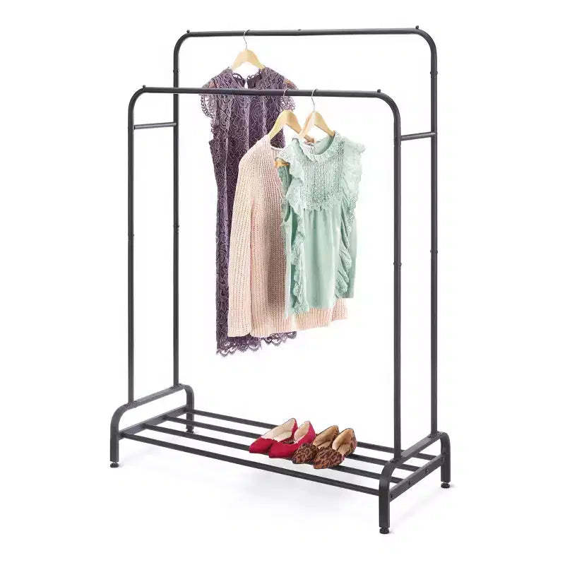Whitmor Double Rod Garment Rack Black: Steel Frame, 61" Height, 43" Width, 17" Depth, Adult Assembly Required