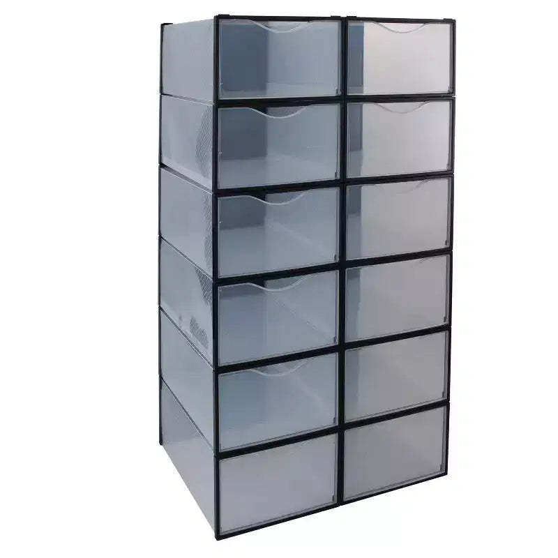 Simplify Set of 12 Drop Front Shoe Box Black: Plastic Storage Drawers for Shoe Storage, No Assembly Required