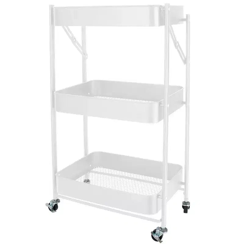 Organize It All 3 Tier Folding Metal Utility Storage Rolling Cart with Lockable Wheels White
